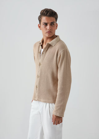 JACQUARD CROCHET BUTTON DOWN SHIRT - BEIGE